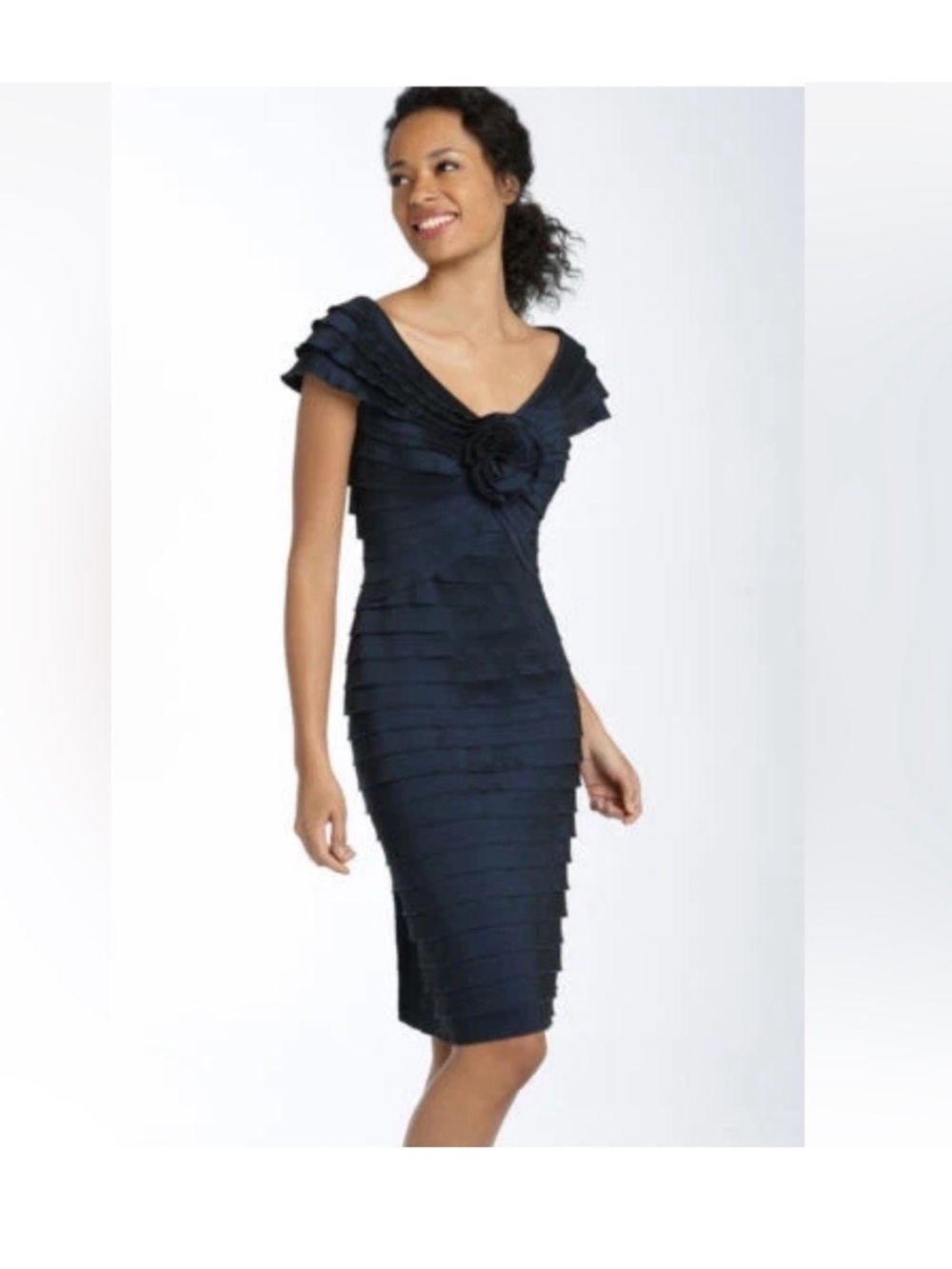 Tadashi Shoji Rosette Shutter Pleat Sheath Dress Size 8 Navy Blue